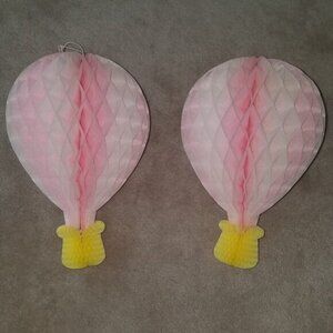 VTG 2 Pink Honeycomb Hot Air Balloon Lot Hanging Decoration 13.75" Easter